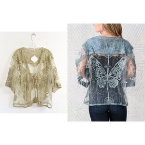 Crochet lace mesh butterfly open cardigan beige khaki boho light top layering S